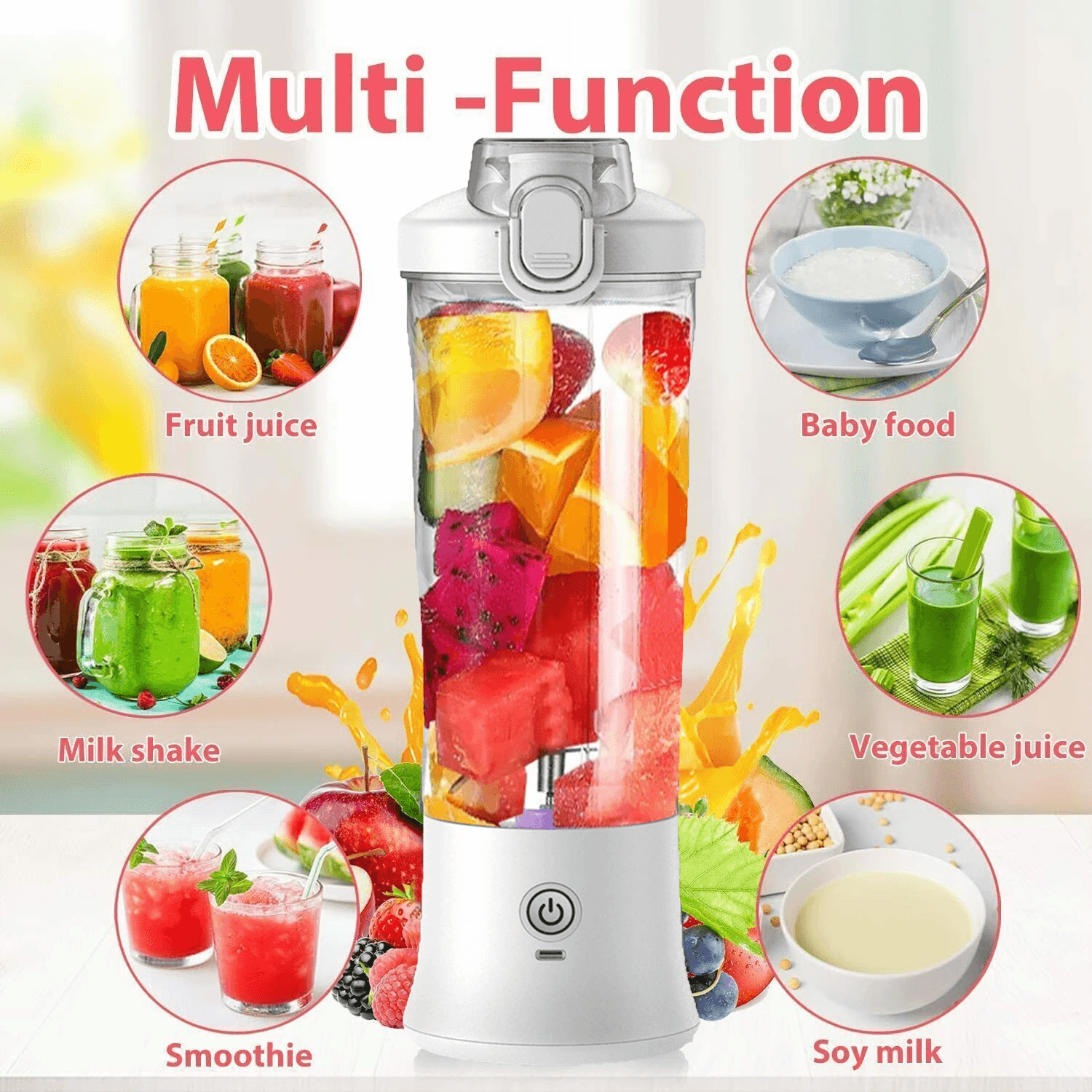 image-600ML Waterproof Electric Juicer Fruit Mixers Bottle Blender