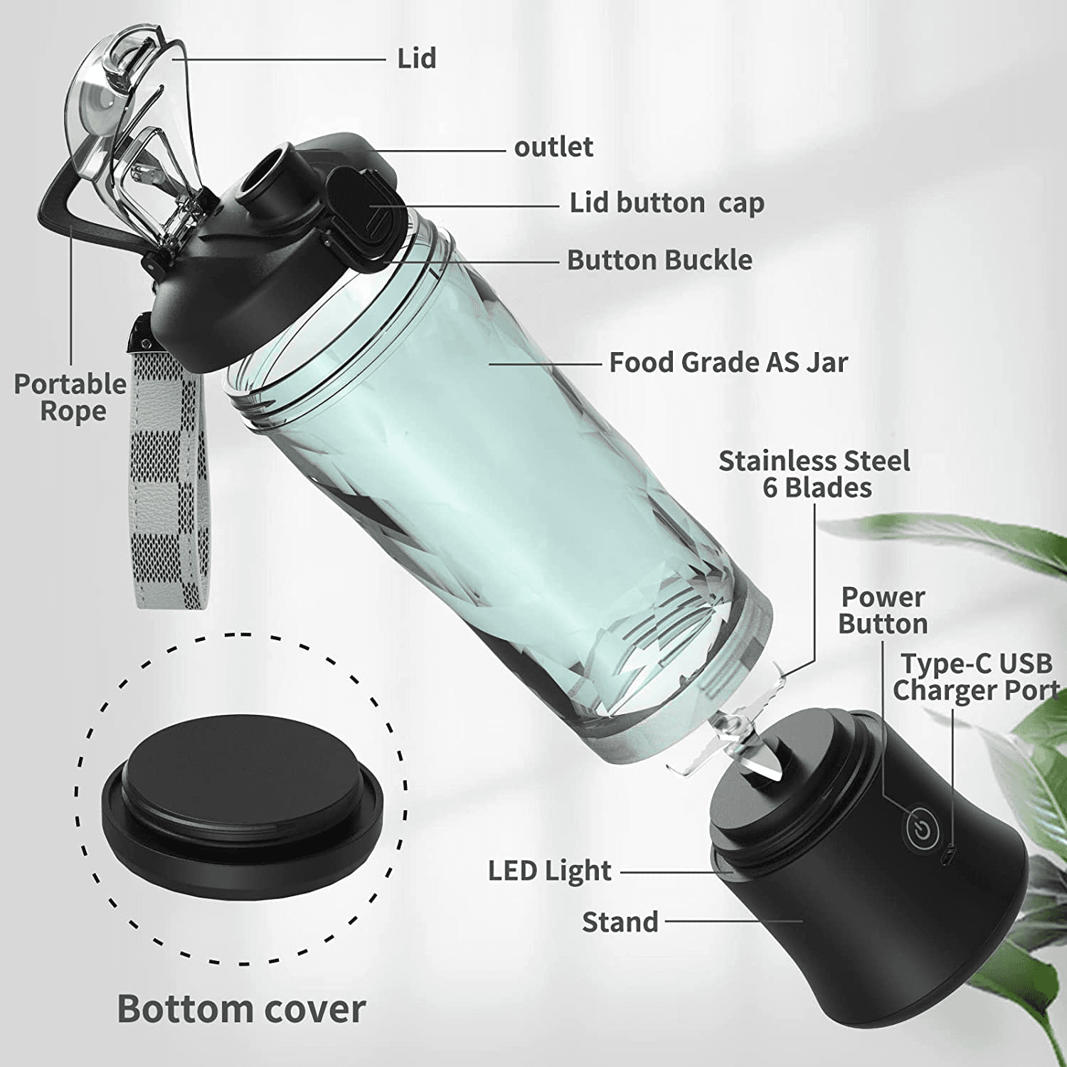 image-600ML Waterproof Electric Juicer Fruit Mixers Bottle Blender