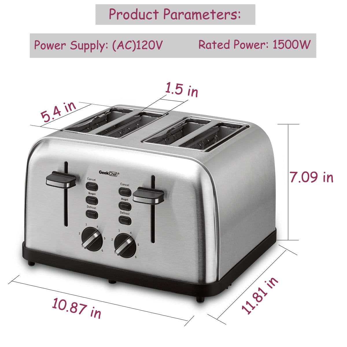 image-Geek Chef 4 Slice Toaster Stainless Steel Extra-Wide Slot Toaster