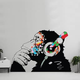 image-Banksy Thinking Monkey Wall Sticker - Art Vinyl Street Dj Baksy Decal - Headphones Chimp Music Thinker Graffiti Mural