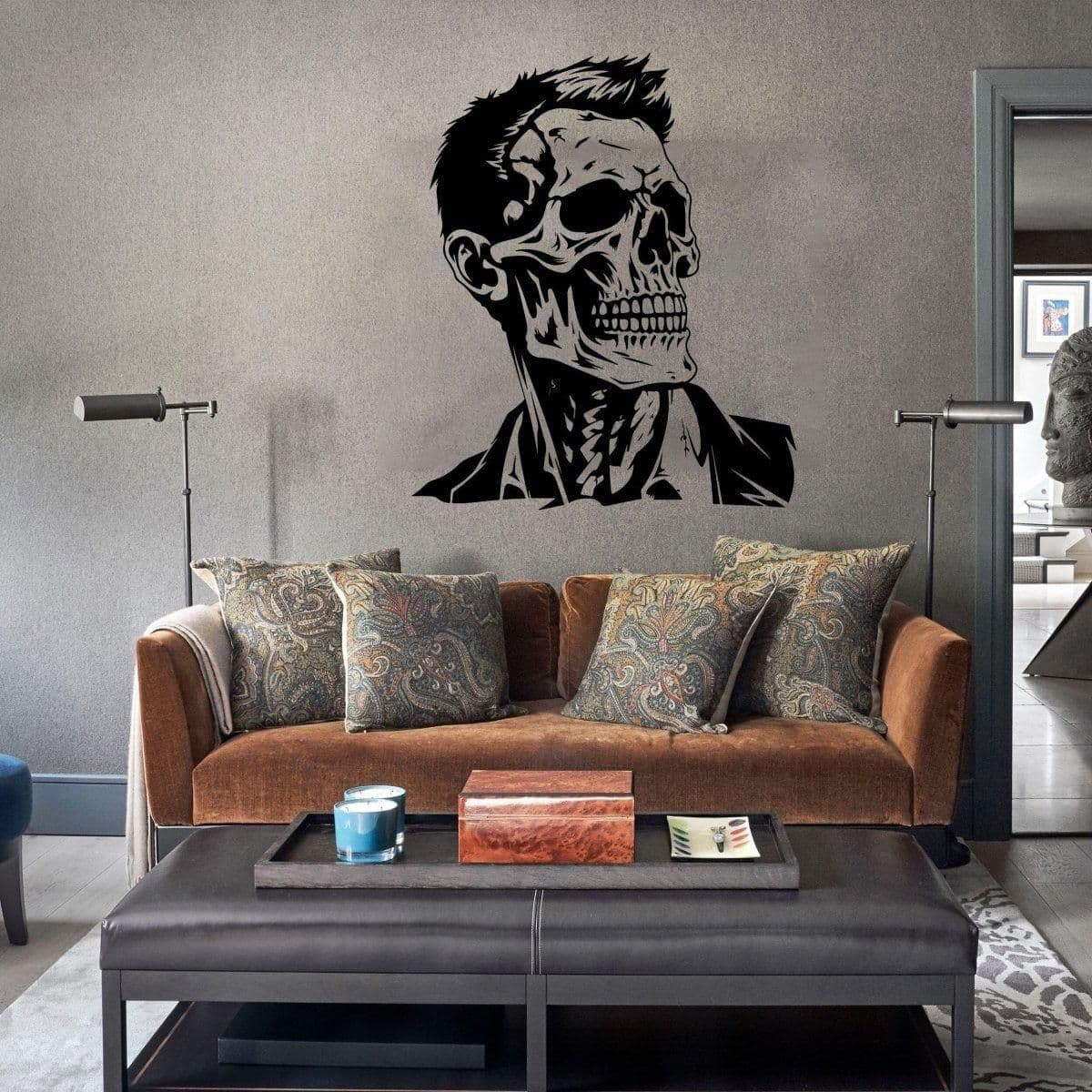 image-Chic Skull Wall Sticker: Refined Skeleton Face Halloween Vinyl Design Art
