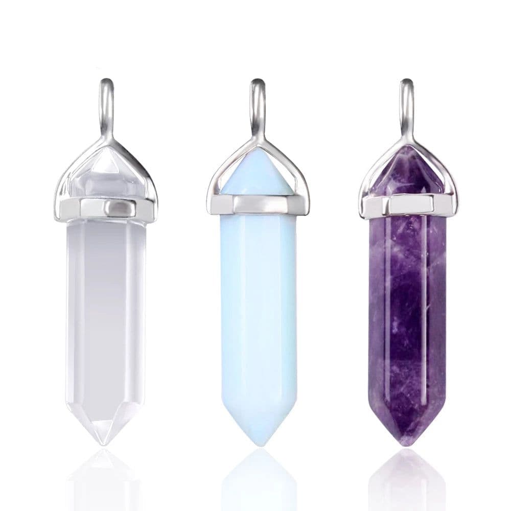 image-Hexagonal Column Tumbled Gemstone Spiral Wrapped Pendant Necklace