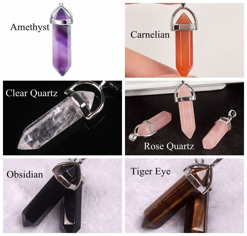 image-Hexagonal Column Tumbled Gemstone Spiral Wrapped Pendant Necklace