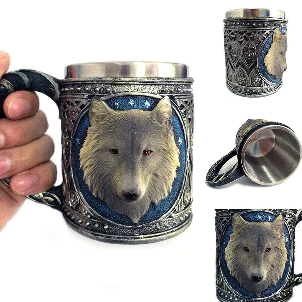 image-Retro Mug Stainless Steel 3D Wolf Drinking Cup