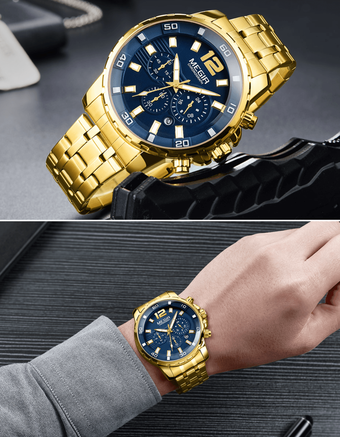 image-Waterproof Men's Gold Stainless Steel Quartz Watches