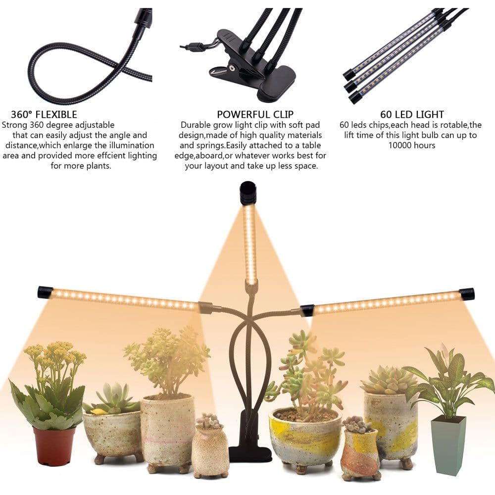 image-Warm White 3000K 60LED Three-Tube Clip Plant Lamp