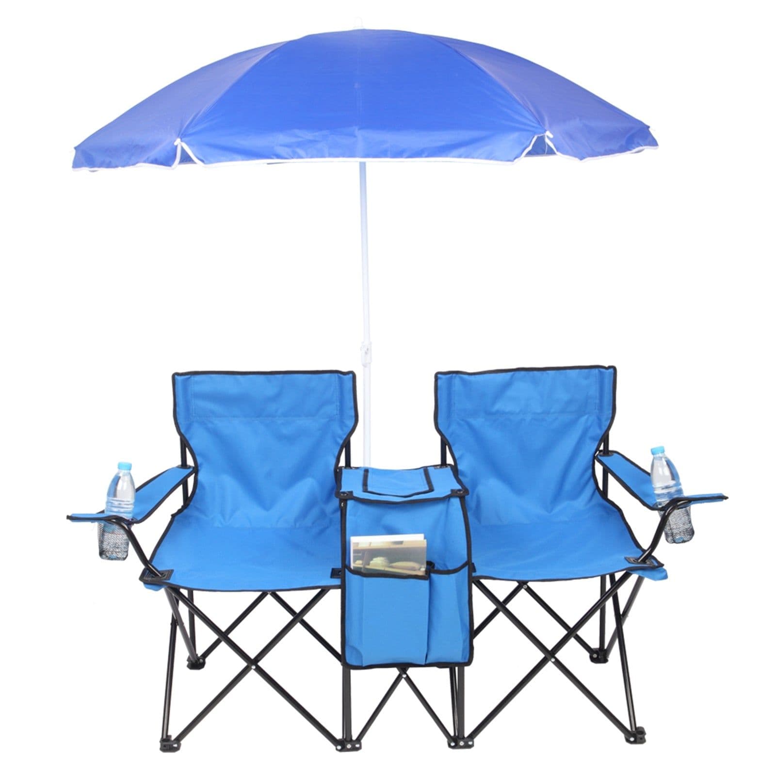 image-Portable Outdoor 2-Seat Folding Chair with Removable Sun Umbrella