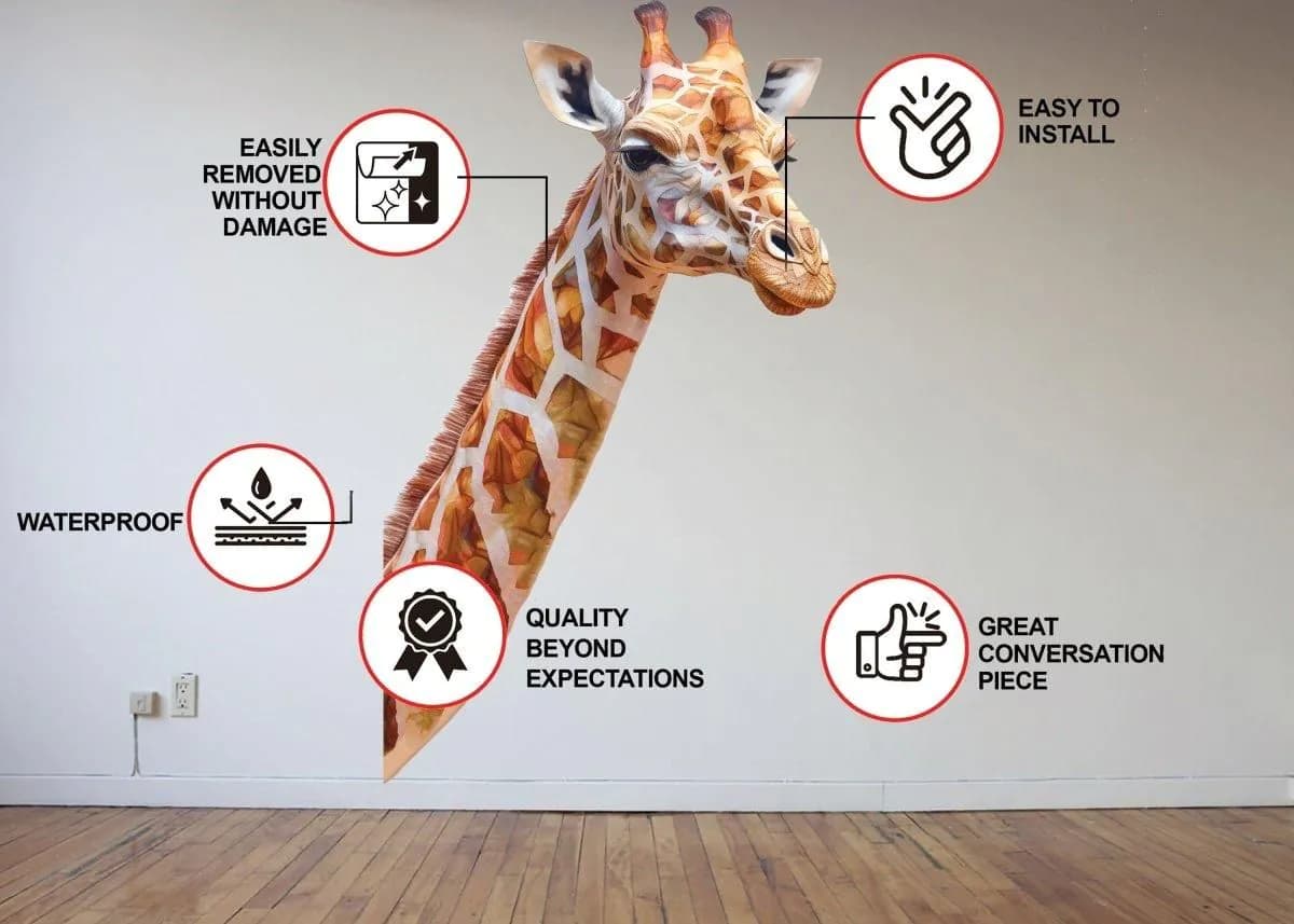image-Adorable Wall Decal: Giraffe-Themed Kid's Bedroom Transformation, Joyful Safari Scene!