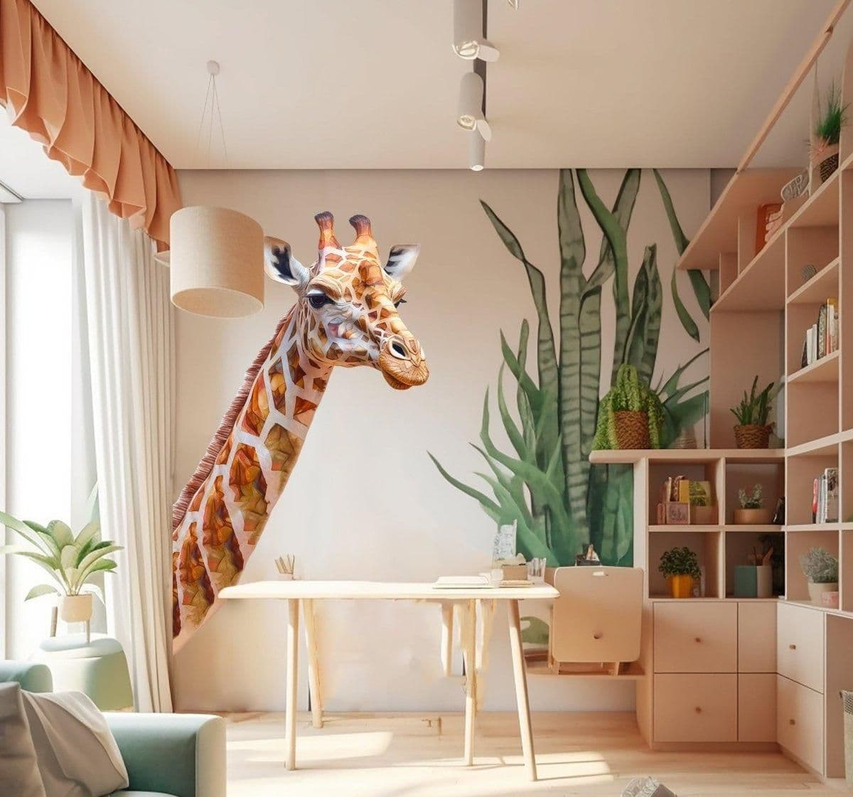 image-Adorable Wall Decal: Giraffe-Themed Kid's Bedroom Transformation, Joyful Safari Scene!