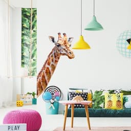 image-Adorable Wall Decal: Giraffe-Themed Kid's Bedroom Transformation, Joyful Safari Scene!