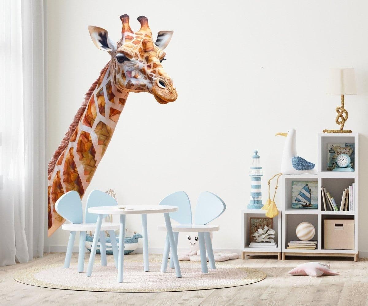 image-Adorable Wall Decal: Giraffe-Themed Kid's Bedroom Transformation, Joyful Safari Scene!