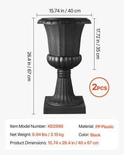 image-VEVOR Jardinière Urne Plastique, 40 x 67 cm, Pot de Fleurs Classique, Lot de 2, pour Intérieur, Extérieur, Mariage, Fêtes, Événements, Scène, Entrées, Couloirs, Jardin, Balcon, Terrasse, Porche, Noir