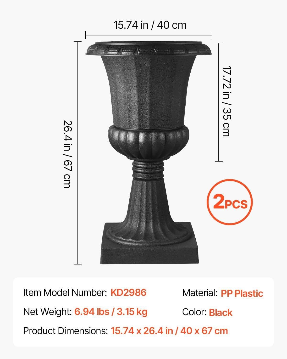 image-VEVOR Jardinière Urne Plastique, 40 x 67 cm, Pot de Fleurs Classique, Lot de 2, pour Intérieur, Extérieur, Mariage, Fêtes, Événements, Scène, Entrées, Couloirs, Jardin, Balcon, Terrasse, Porche, Noir