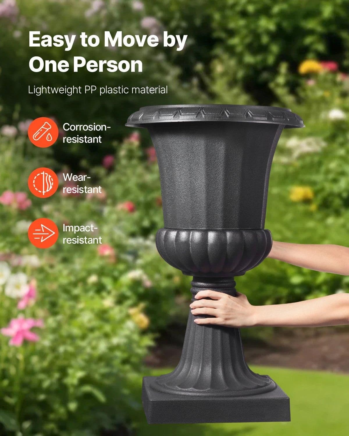 image-VEVOR Jardinière Urne Plastique, 40 x 67 cm, Pot de Fleurs Classique, Lot de 2, pour Intérieur, Extérieur, Mariage, Fêtes, Événements, Scène, Entrées, Couloirs, Jardin, Balcon, Terrasse, Porche, Noir