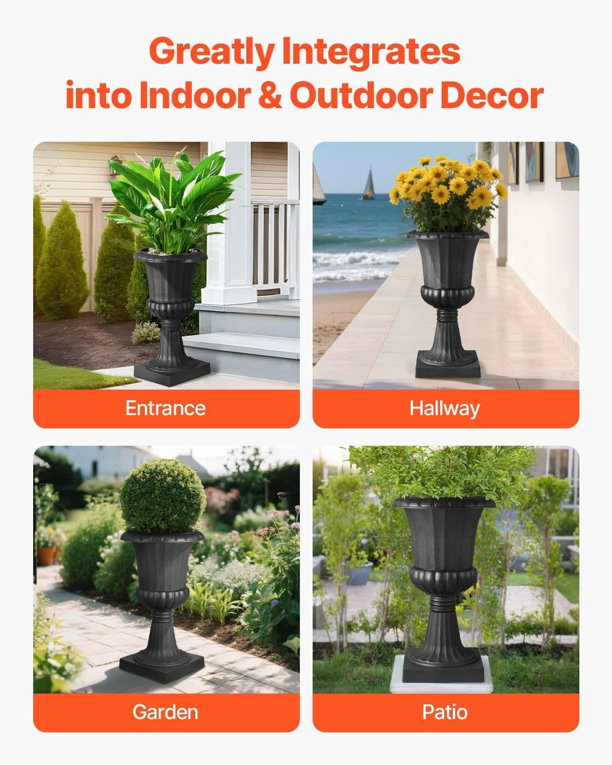 image-VEVOR Jardinière Urne Plastique, 40 x 67 cm, Pot de Fleurs Classique, Lot de 2, pour Intérieur, Extérieur, Mariage, Fêtes, Événements, Scène, Entrées, Couloirs, Jardin, Balcon, Terrasse, Porche, Noir