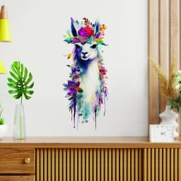 image-Artistic Alpaca and Floral Wall Decal - Watercolor Vinyl Llama Sticker