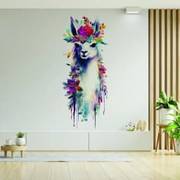 image-Artistic Alpaca and Floral Wall Decal - Watercolor Vinyl Llama Sticker