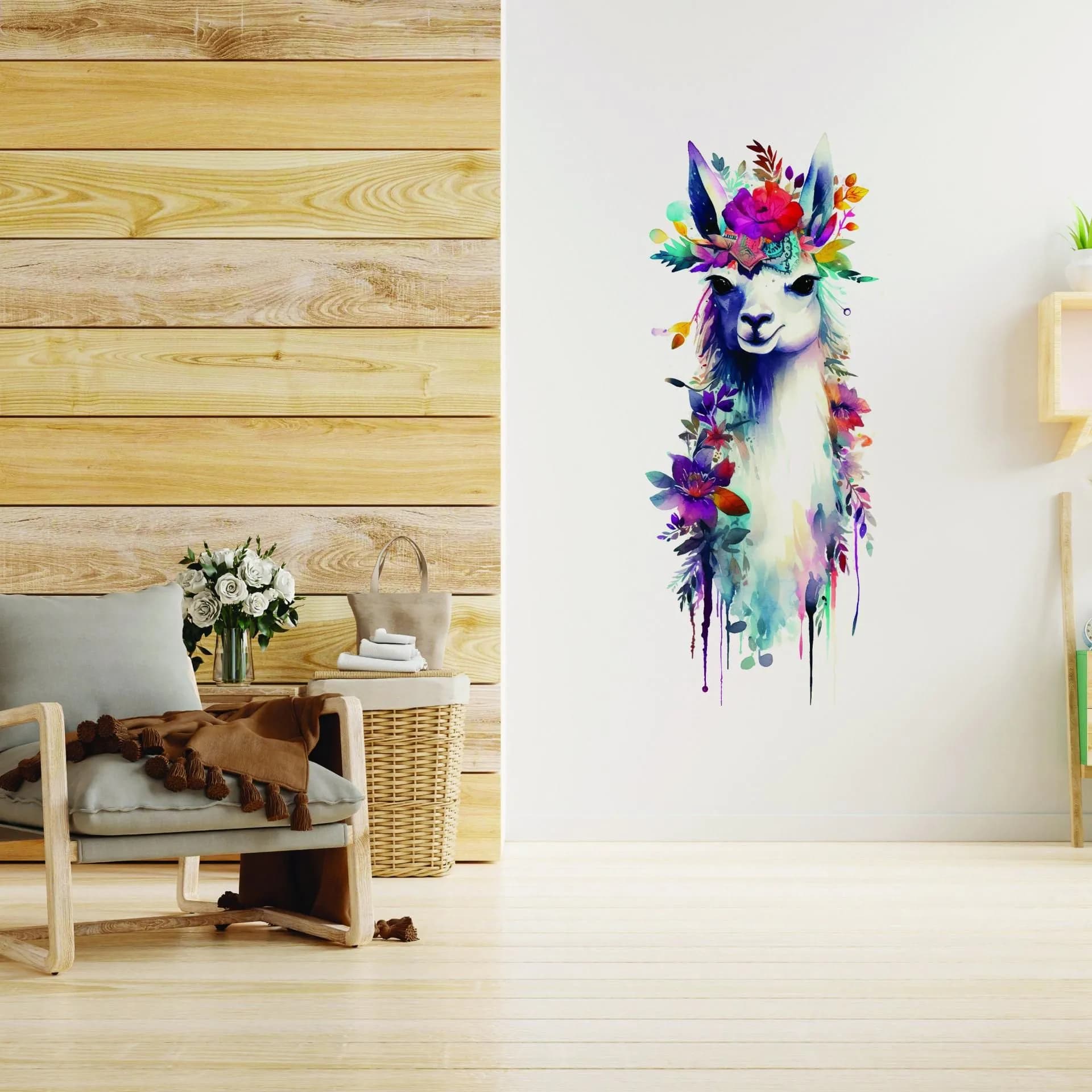 image-Artistic Alpaca and Floral Wall Decal - Watercolor Vinyl Llama Sticker