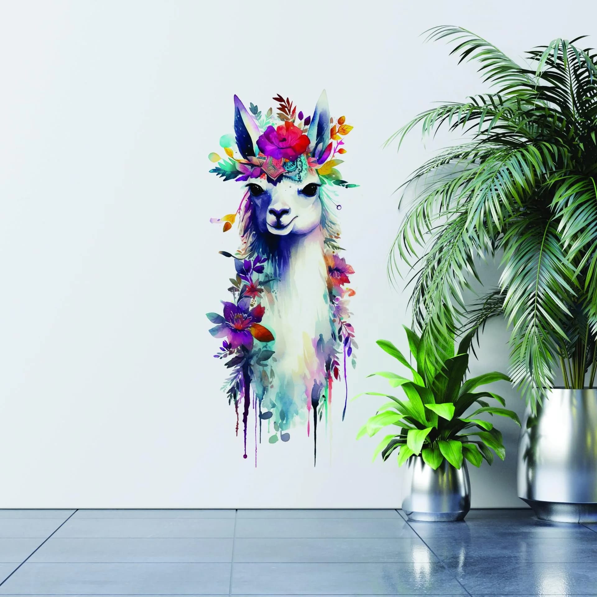 image-Artistic Alpaca and Floral Wall Decal - Watercolor Vinyl Llama Sticker