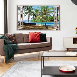 image-Tropical Paradise 3D Wall Decal, Beach Scenery Window Sticker, Vinyl Wall Art