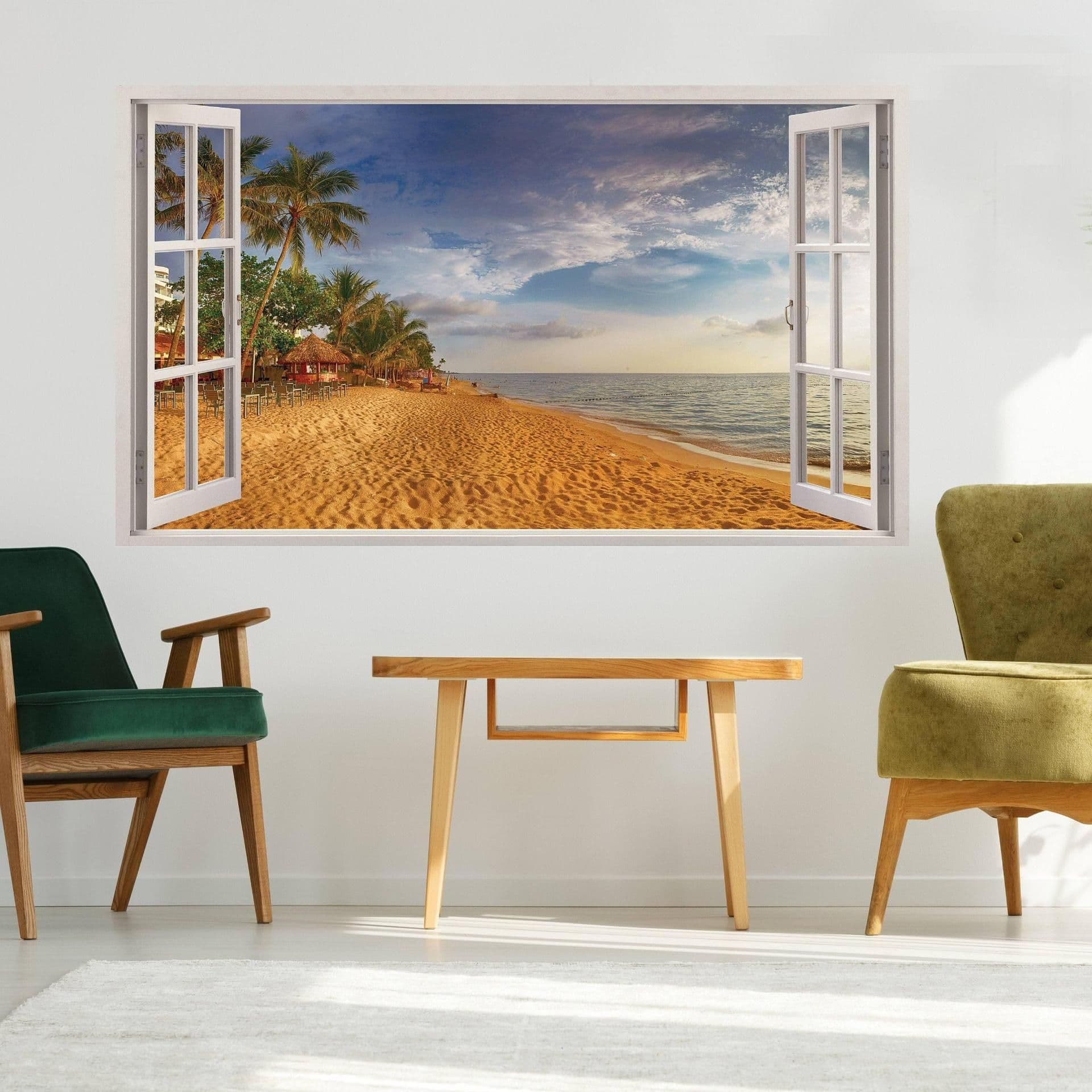 image-Tropical Paradise 3D Wall Decal, Beach Scenery Window Sticker, Vinyl Wall Art