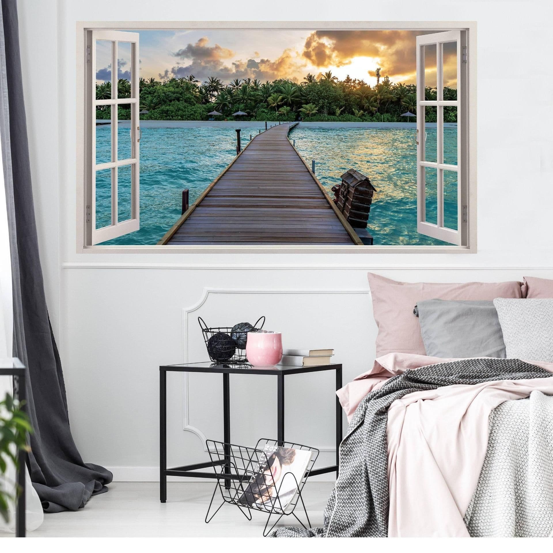 image-Tropical Paradise 3D Wall Decal, Beach Scenery Window Sticker, Vinyl Wall Art