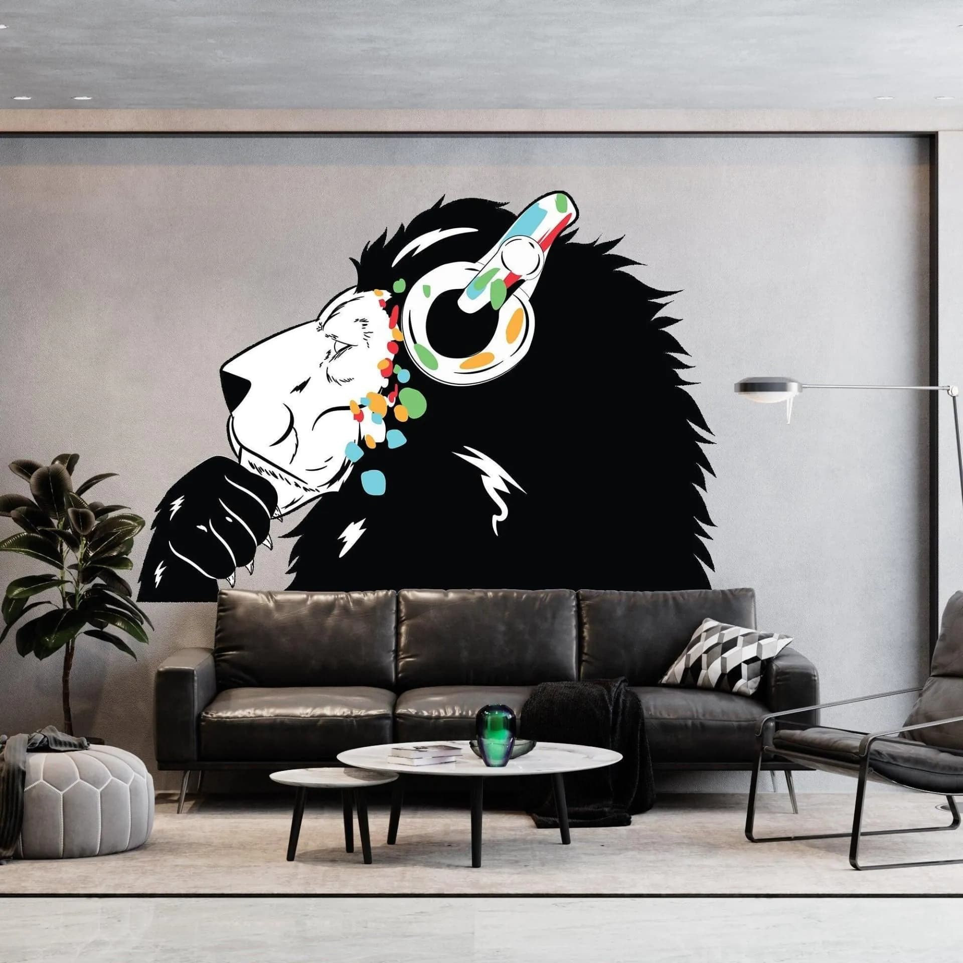 image-Contemporary Lion DJ Wall Decal - Artistic Animal Head Vinyl Sticker
