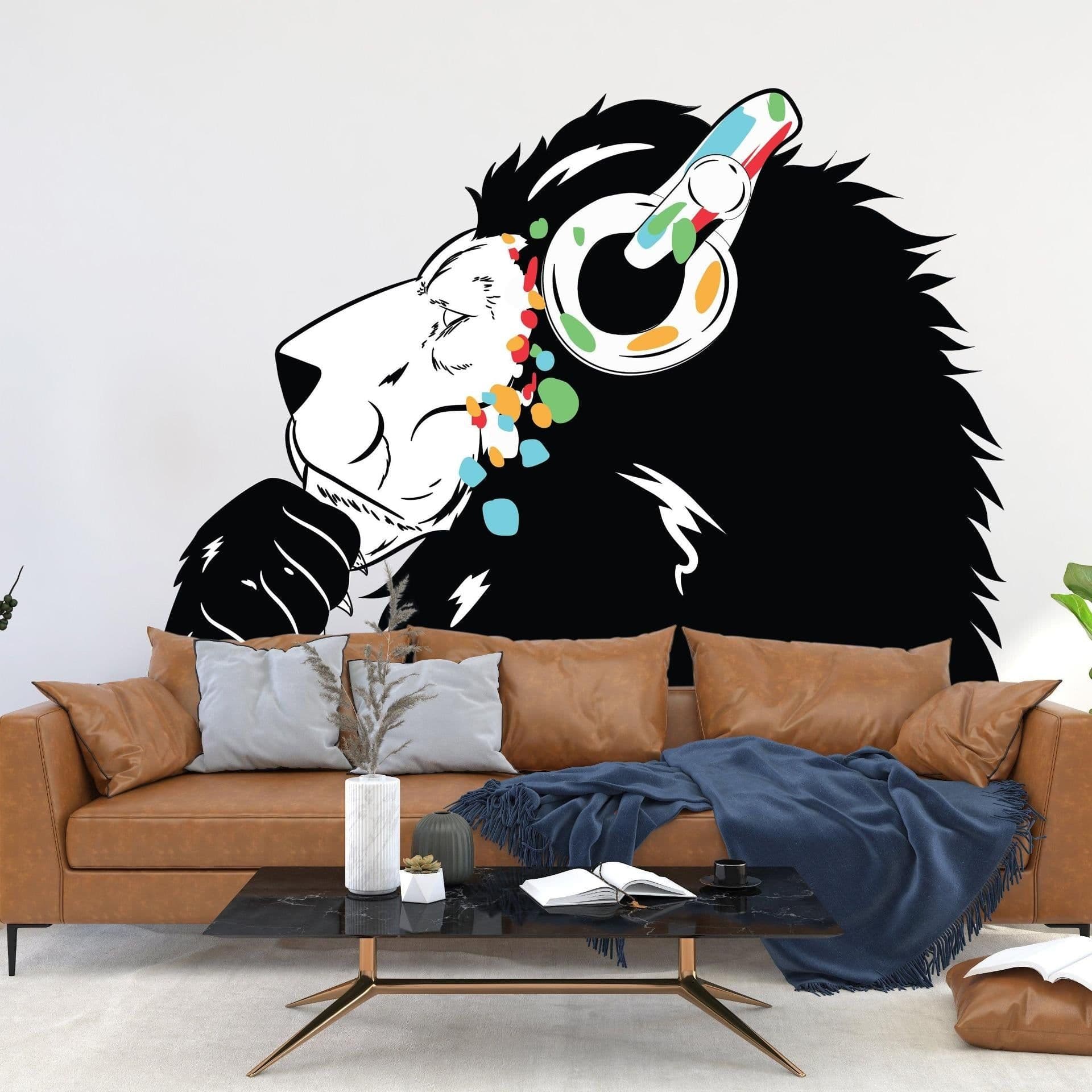 image-Contemporary Lion DJ Wall Decal - Artistic Animal Head Vinyl Sticker