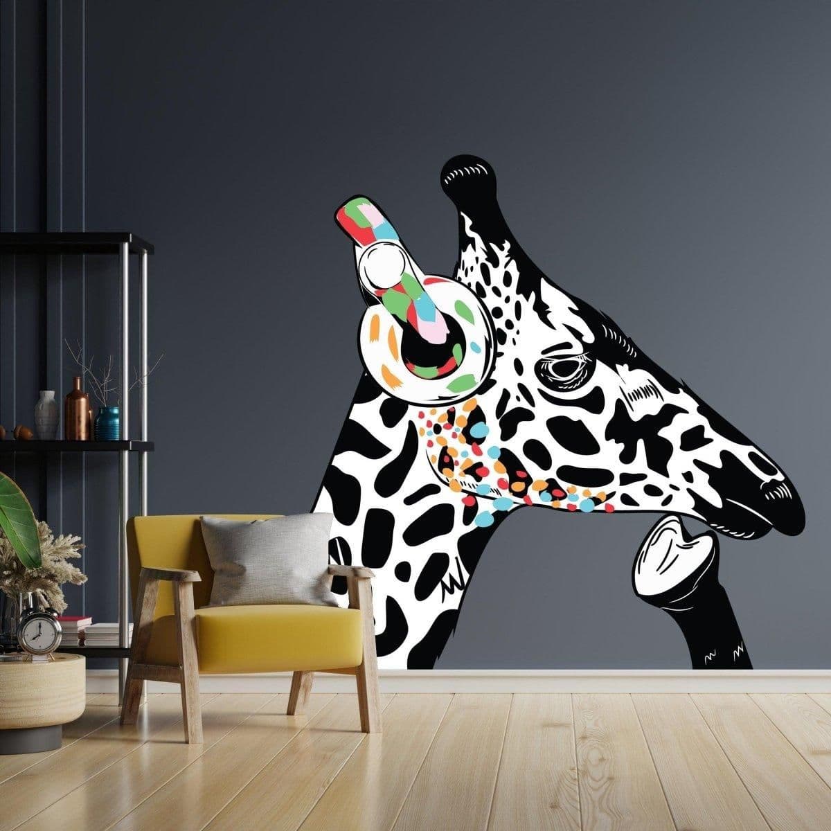 image-Dj Giraffe Vinyl Decal - Unique Giraffes Headphones Wall Art Design