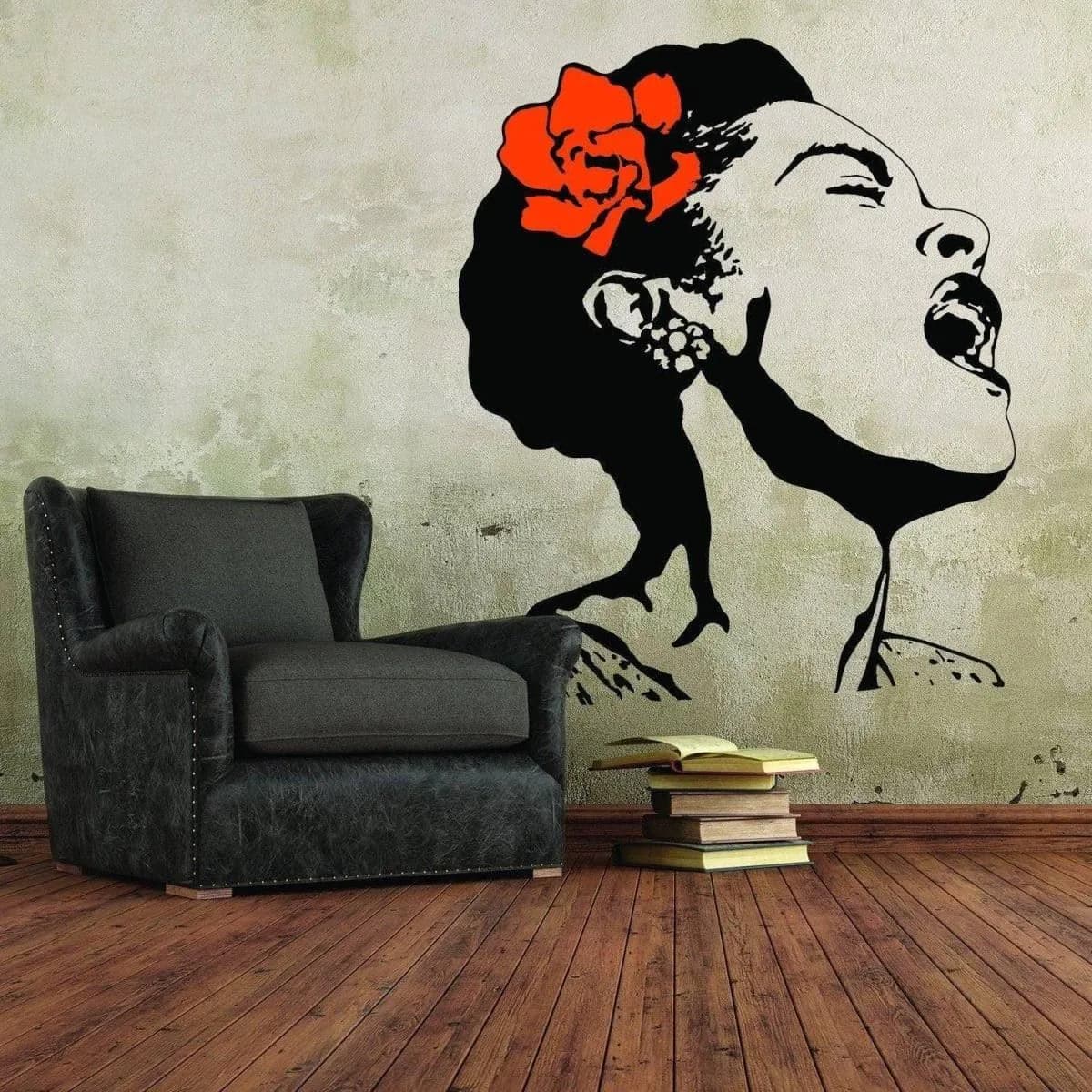 image-Singing Woman Art Decal with Floral Design - Elegant Wall Sticker for Home Decoration