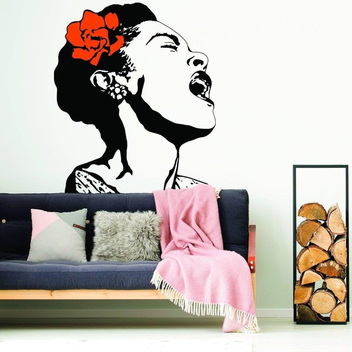 image-Singing Woman Art Decal with Floral Design - Elegant Wall Sticker for Home Decoration