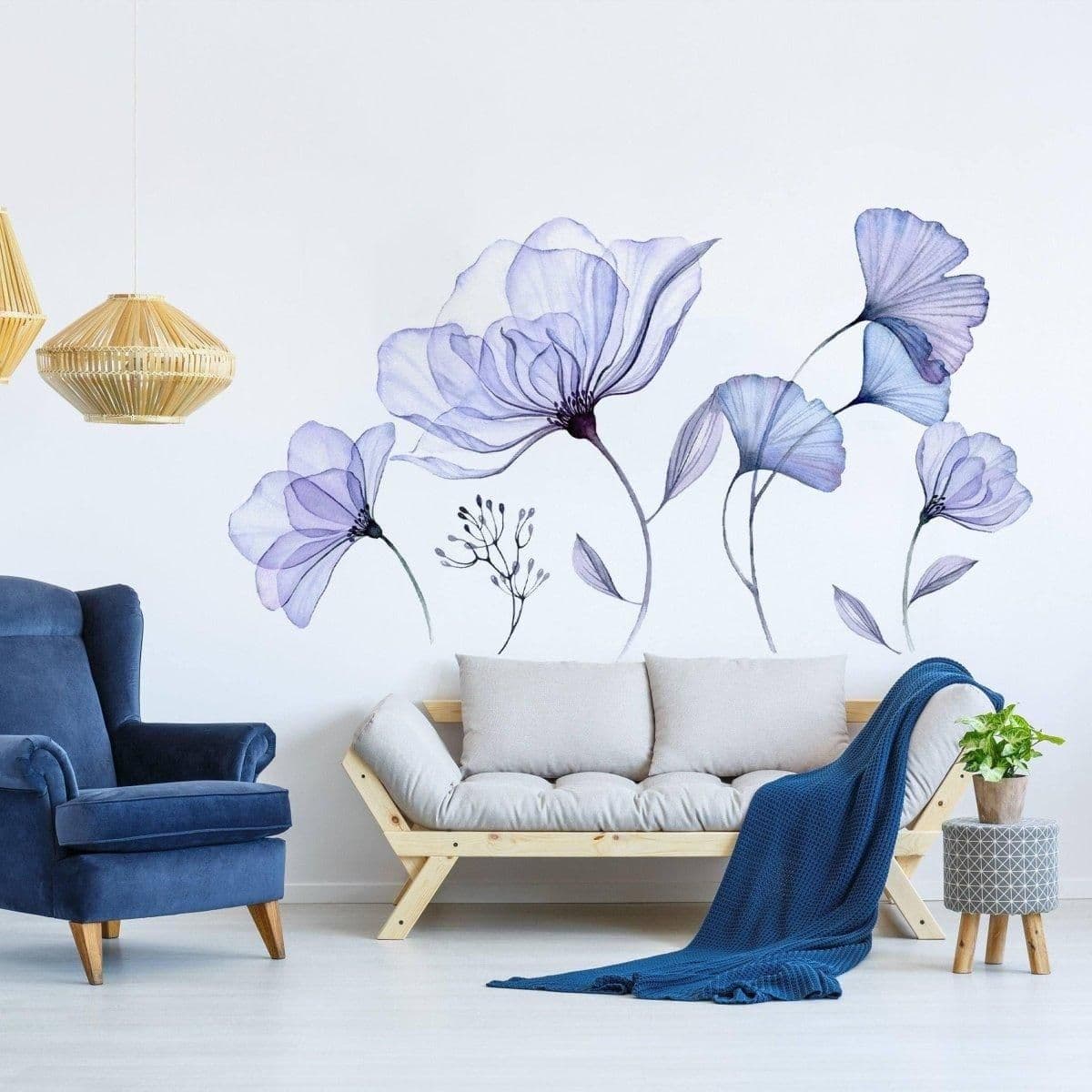 image-3D Blue Blossom Wall Decal - Elegant Floral Vinyl Sticker Mural