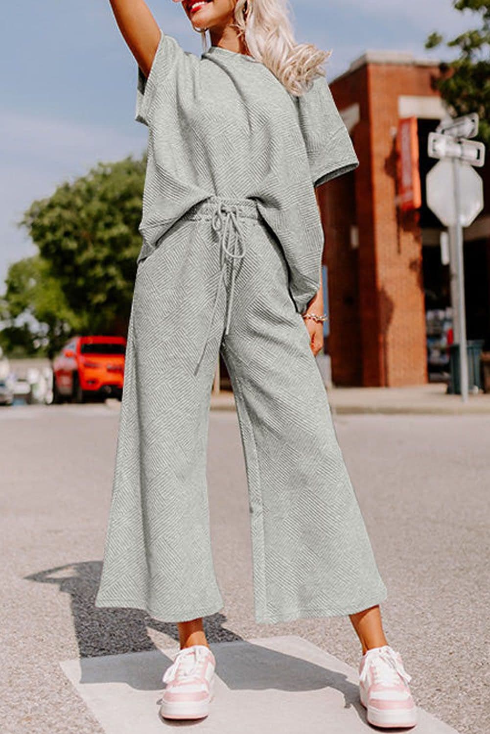 image-Strawberry Pink Textured Loose Fit T Shirt and Drawstring Pants Set