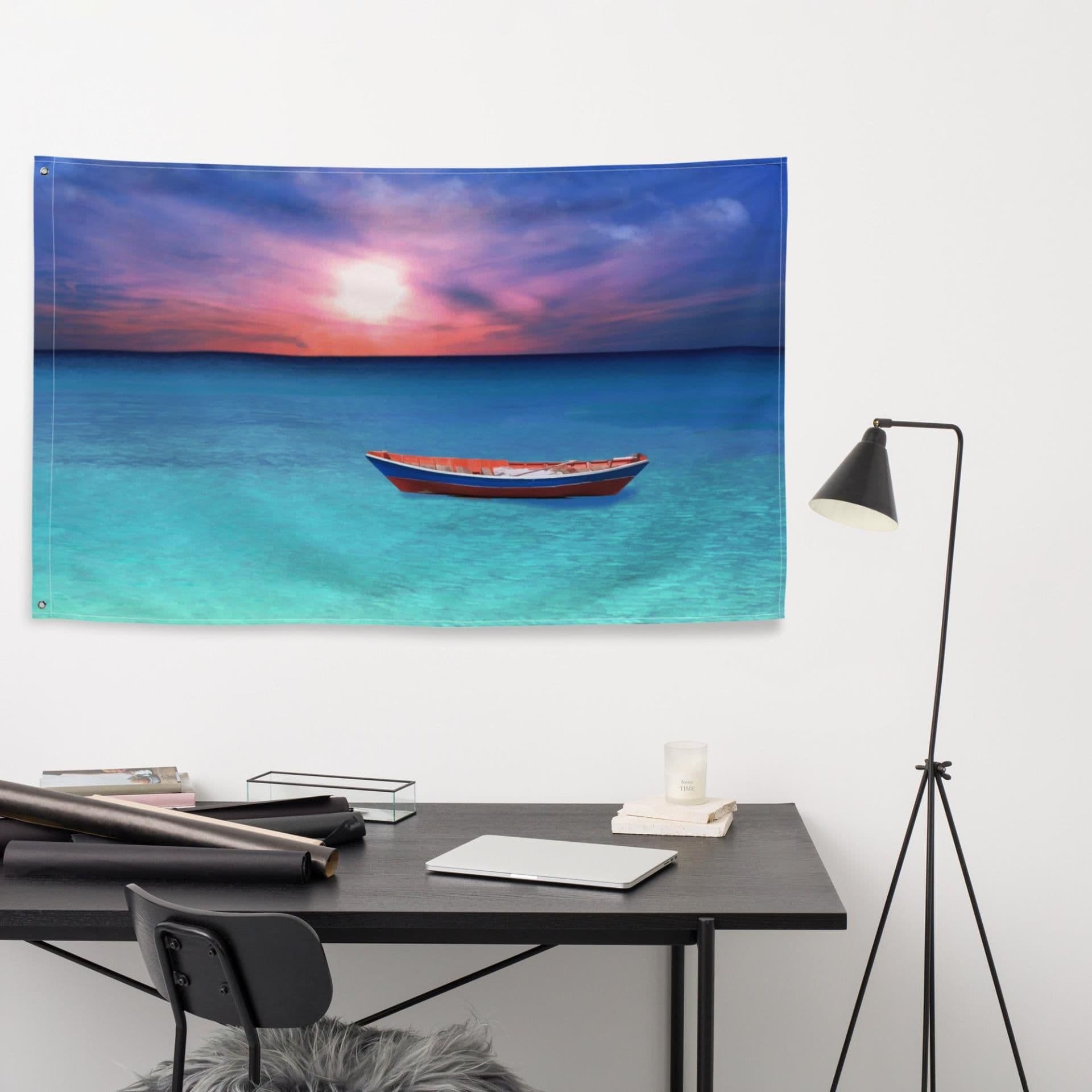 image-Sunset Boat Ocean Painting Flag Tapestry