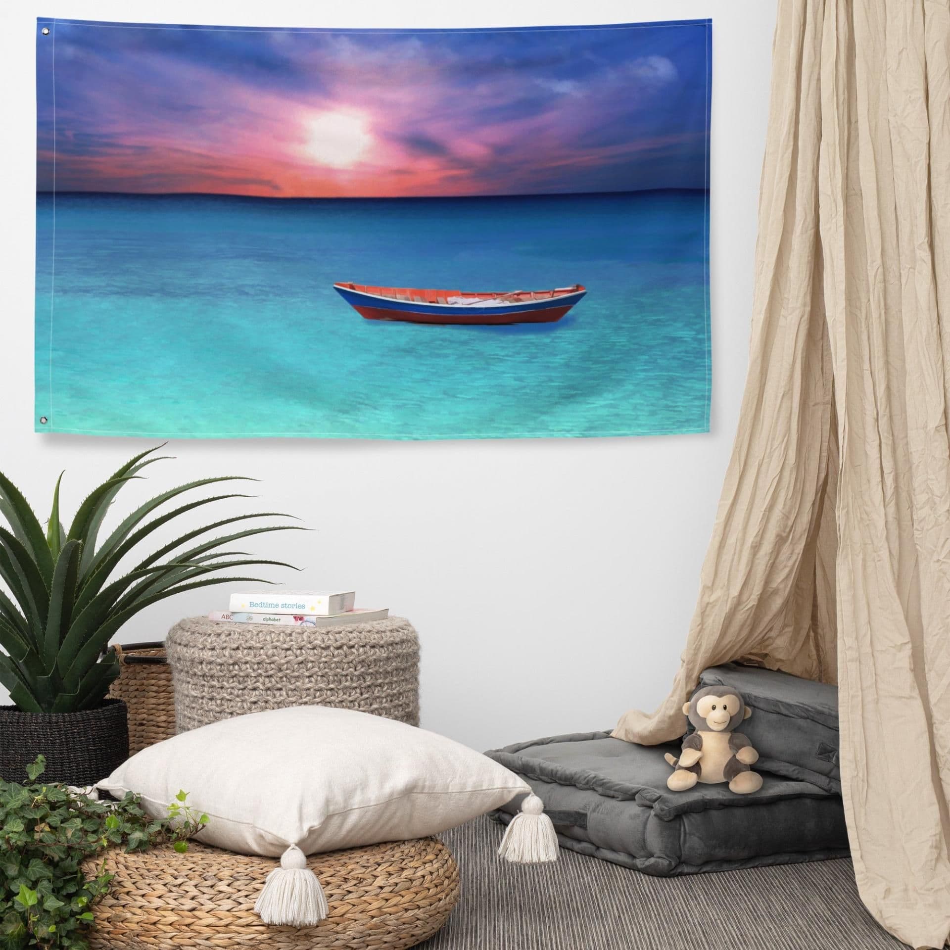 image-Sunset Boat Ocean Painting Flag Tapestry