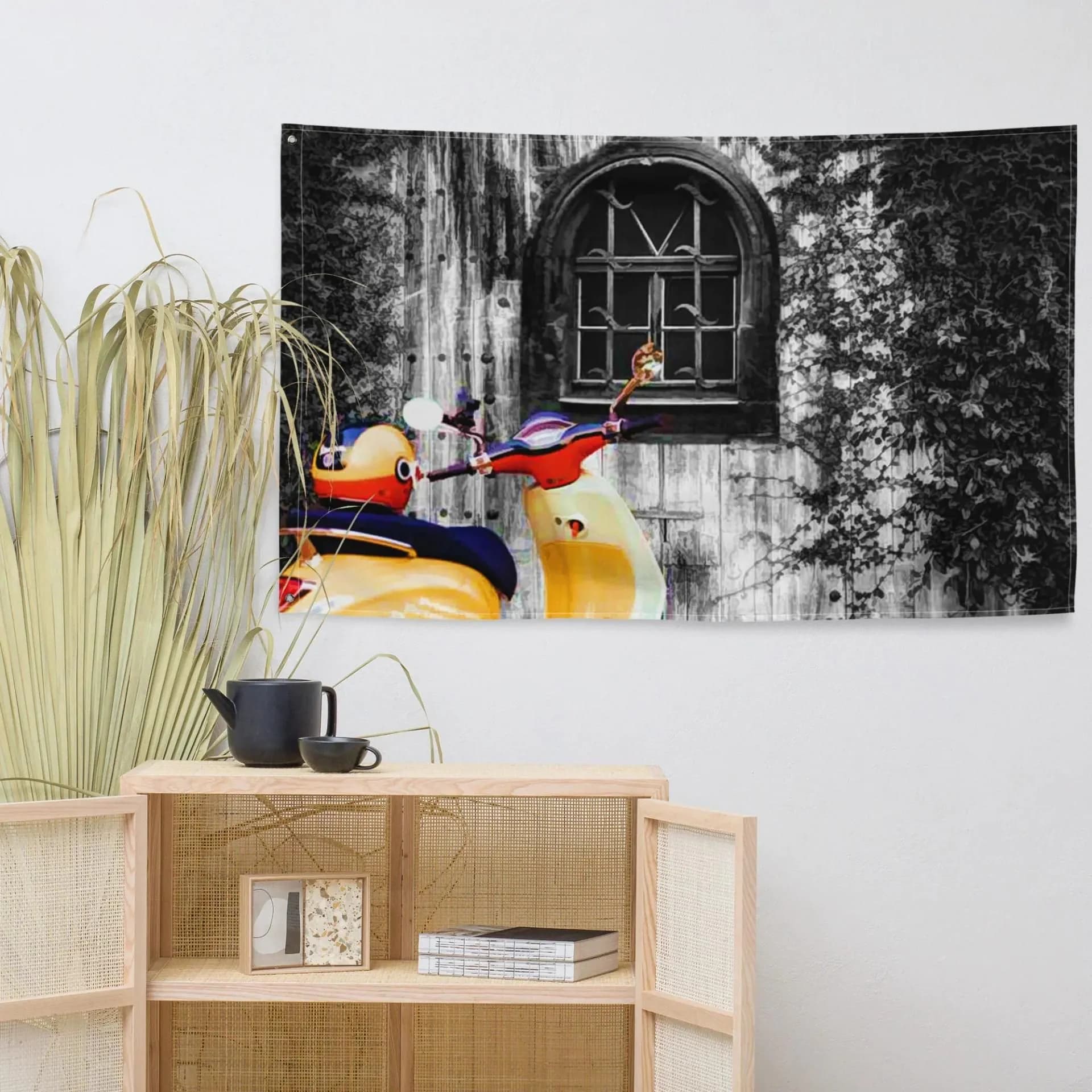image-Vespa at Door Flag Tapestry wall hanging