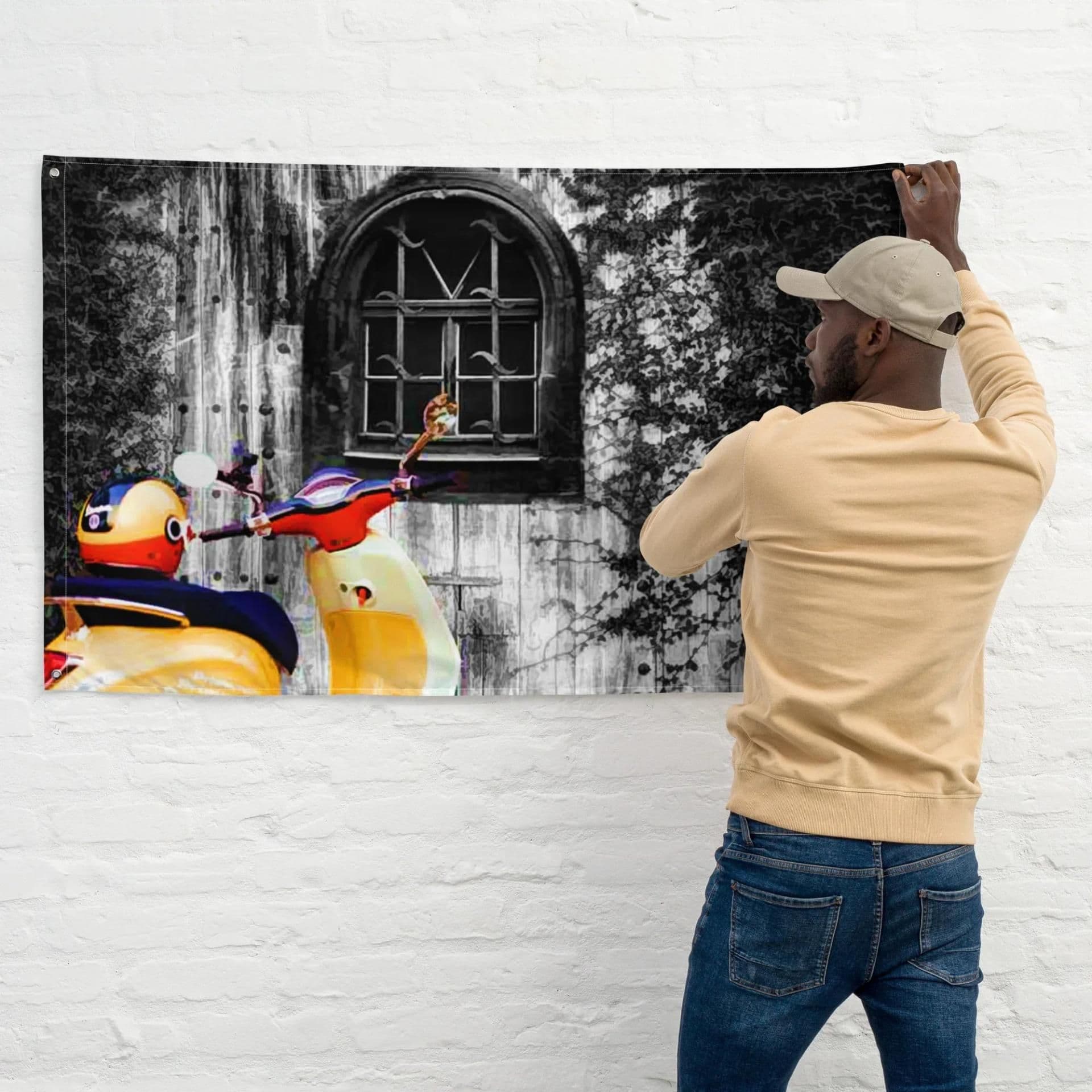 image-Vespa at Door Flag Tapestry wall hanging