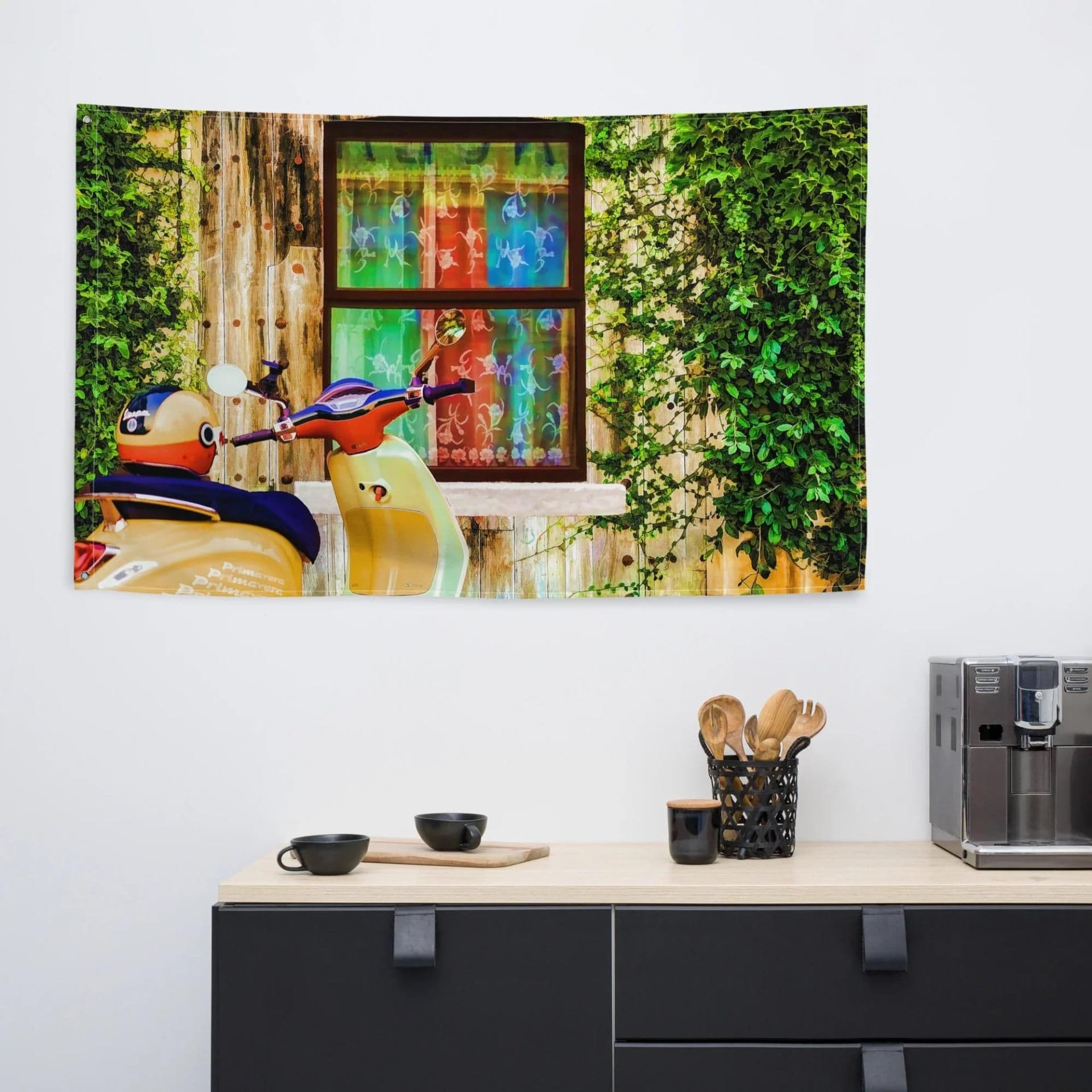 image-Vespa at Door Flag Tapestry wall hanging