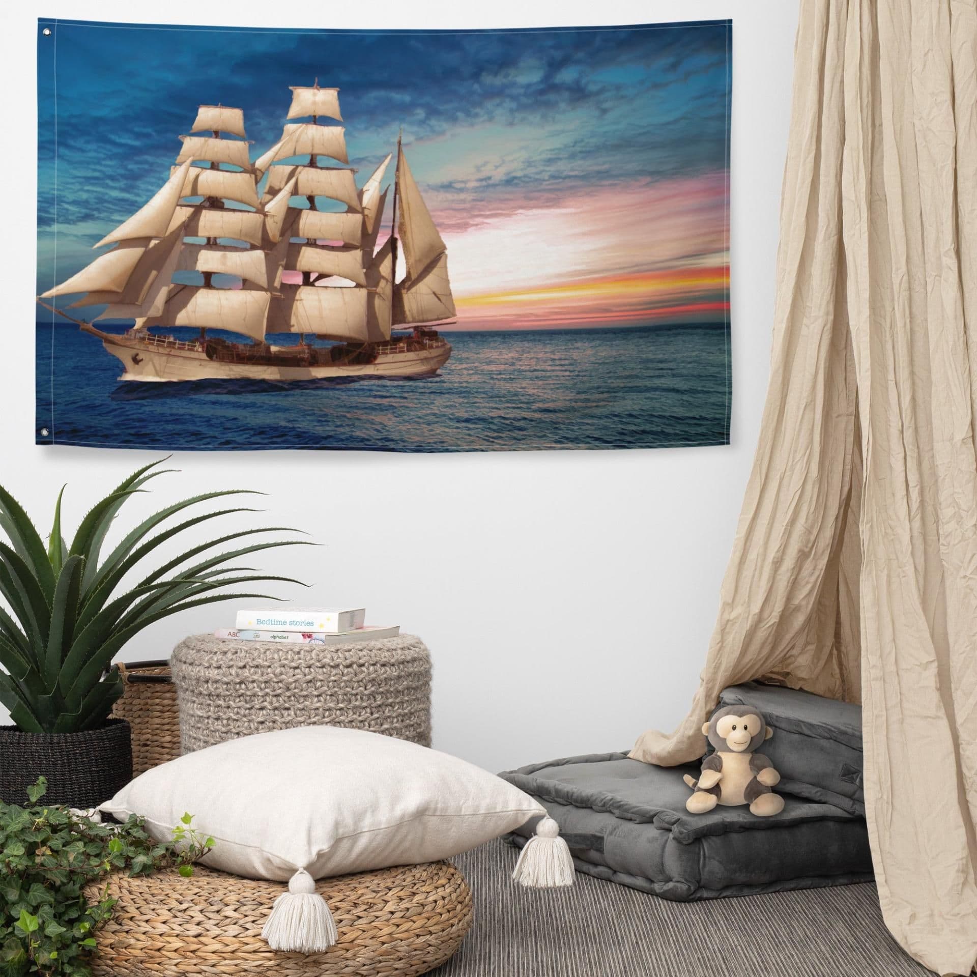 image-Sailing Ship Sunset Flag