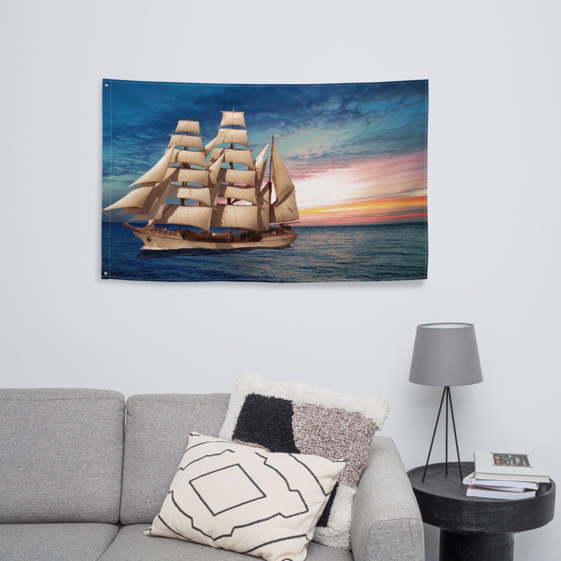 image-Sailing Ship Sunset Flag