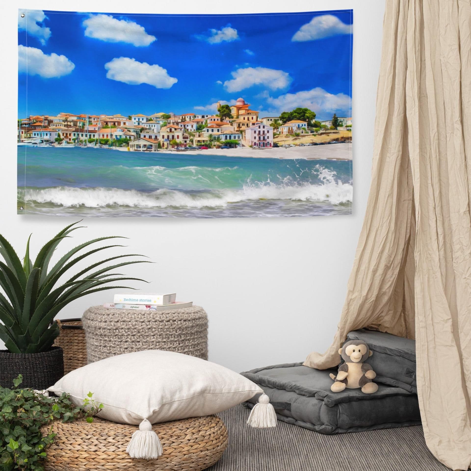 image-Beach Town Painting Flag Tapestry