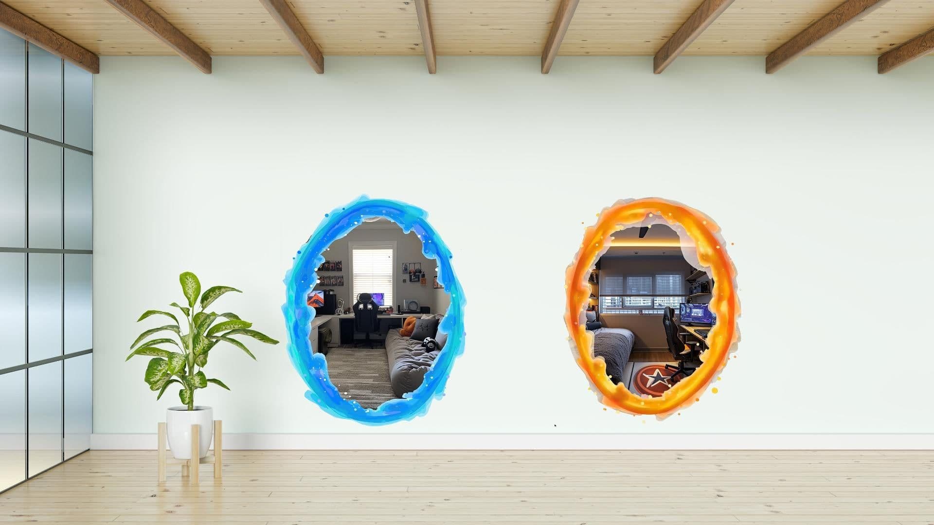 image-Blue and Orange Portal Aura Wall Stickers - Transparent Oval Decals with Vibrant Aura Effect for Game Room Decor