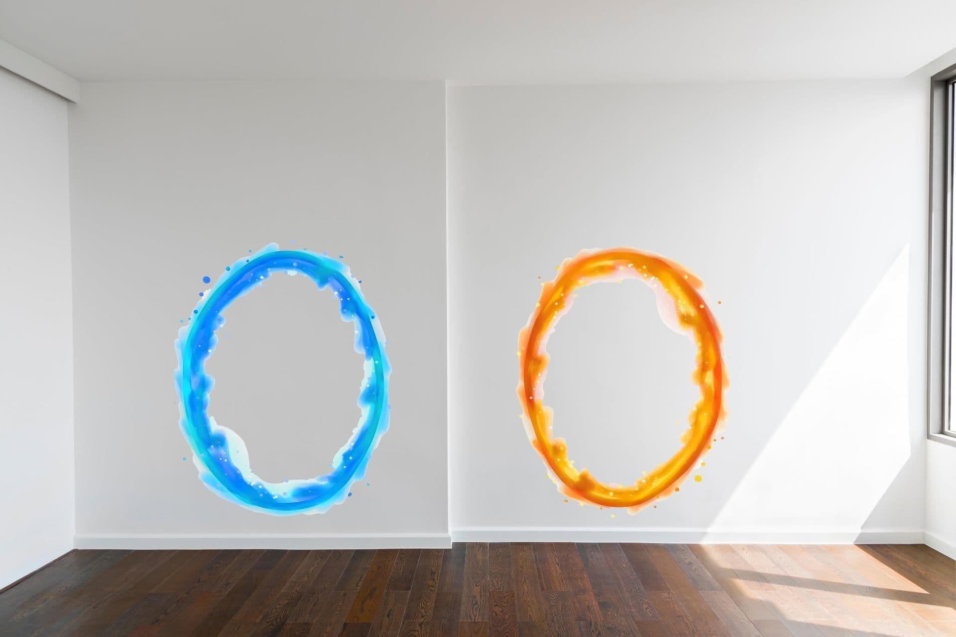 image-Blue & Orange Portal Aura Wall Stickers with Silver Chrome Mirror Effect - Vibrant Oval Teleport Decals for Gamer and Geek Room Decor