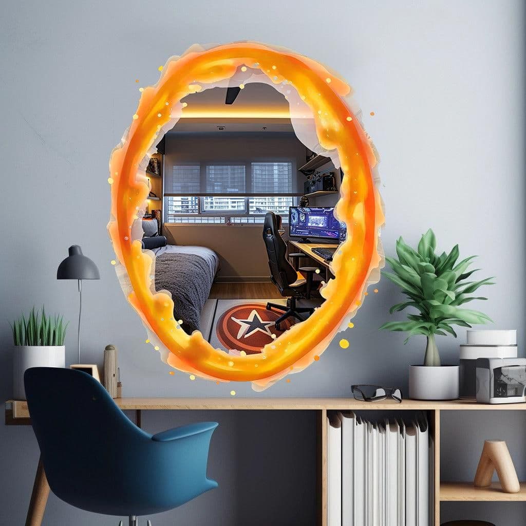 image-Custom Blue & Orange Portal Wall Stickers With Your own Image inside - Personalized Photo Inside, Vibrant Aura Oval Decals for Gamer and Geek Room Decor