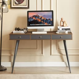 image-Mid Century Desk , Modern Writing Study Desk with Drawers, Multifunctional Home Office Computer Desk Walnut+Dark Grey
