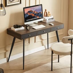 image-Mid Century Desk , Modern Writing Study Desk with Drawers, Multifunctional Home Office Computer Desk Walnut+Dark Grey