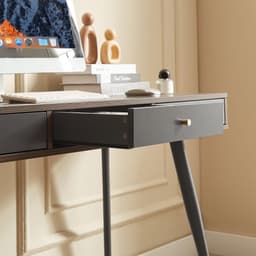 image-Mid Century Desk , Modern Writing Study Desk with Drawers, Multifunctional Home Office Computer Desk Walnut+Dark Grey
