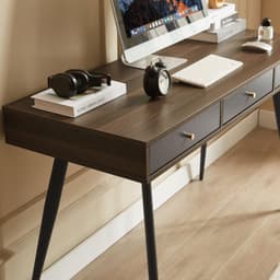 image-Mid Century Desk , Modern Writing Study Desk with Drawers, Multifunctional Home Office Computer Desk Walnut+Dark Grey
