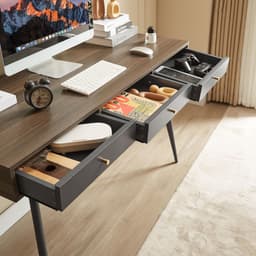 image-Mid Century Desk , Modern Writing Study Desk with Drawers, Multifunctional Home Office Computer Desk Walnut+Dark Grey