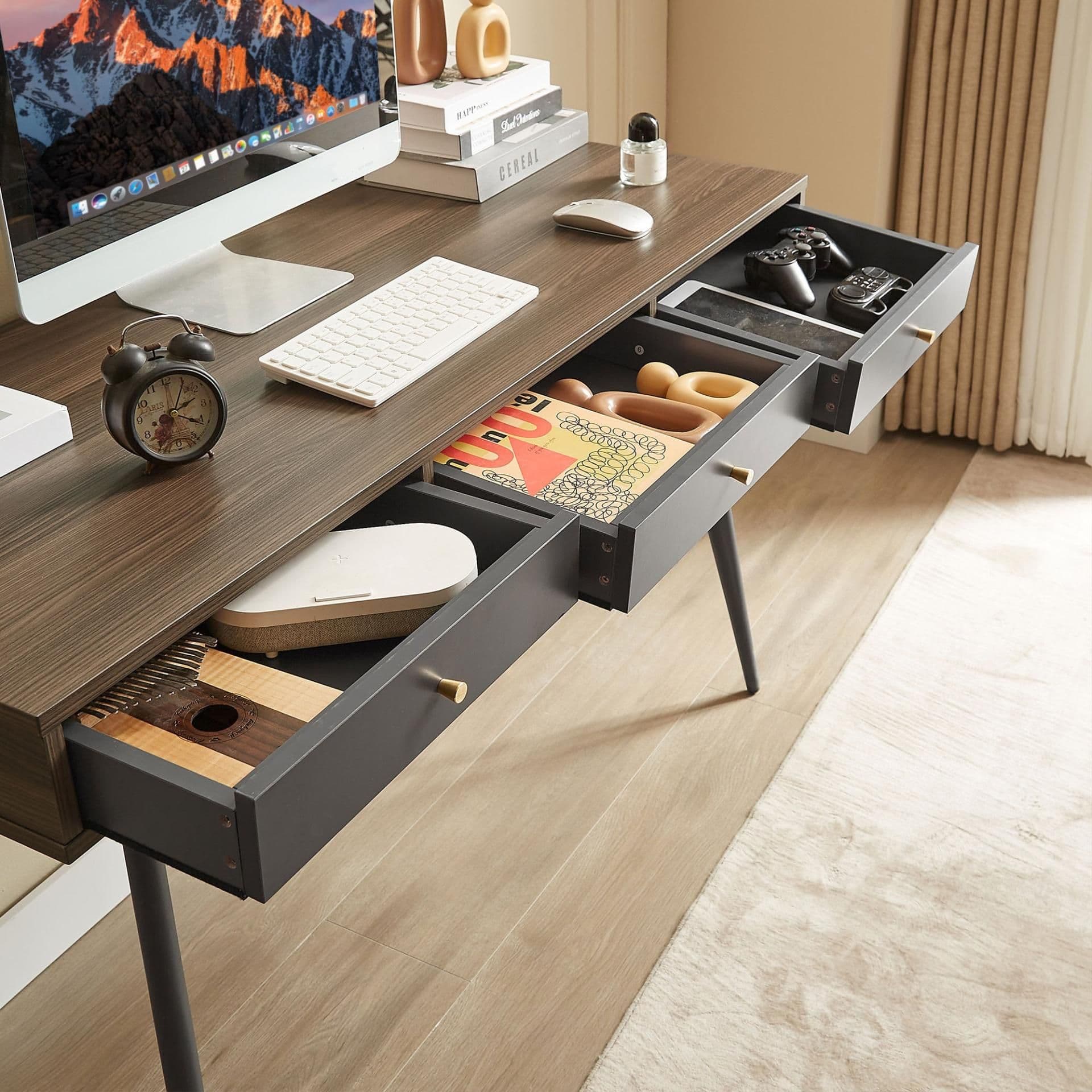 image-Mid Century Desk , Modern Writing Study Desk with Drawers, Multifunctional Home Office Computer Desk Walnut+Dark Grey